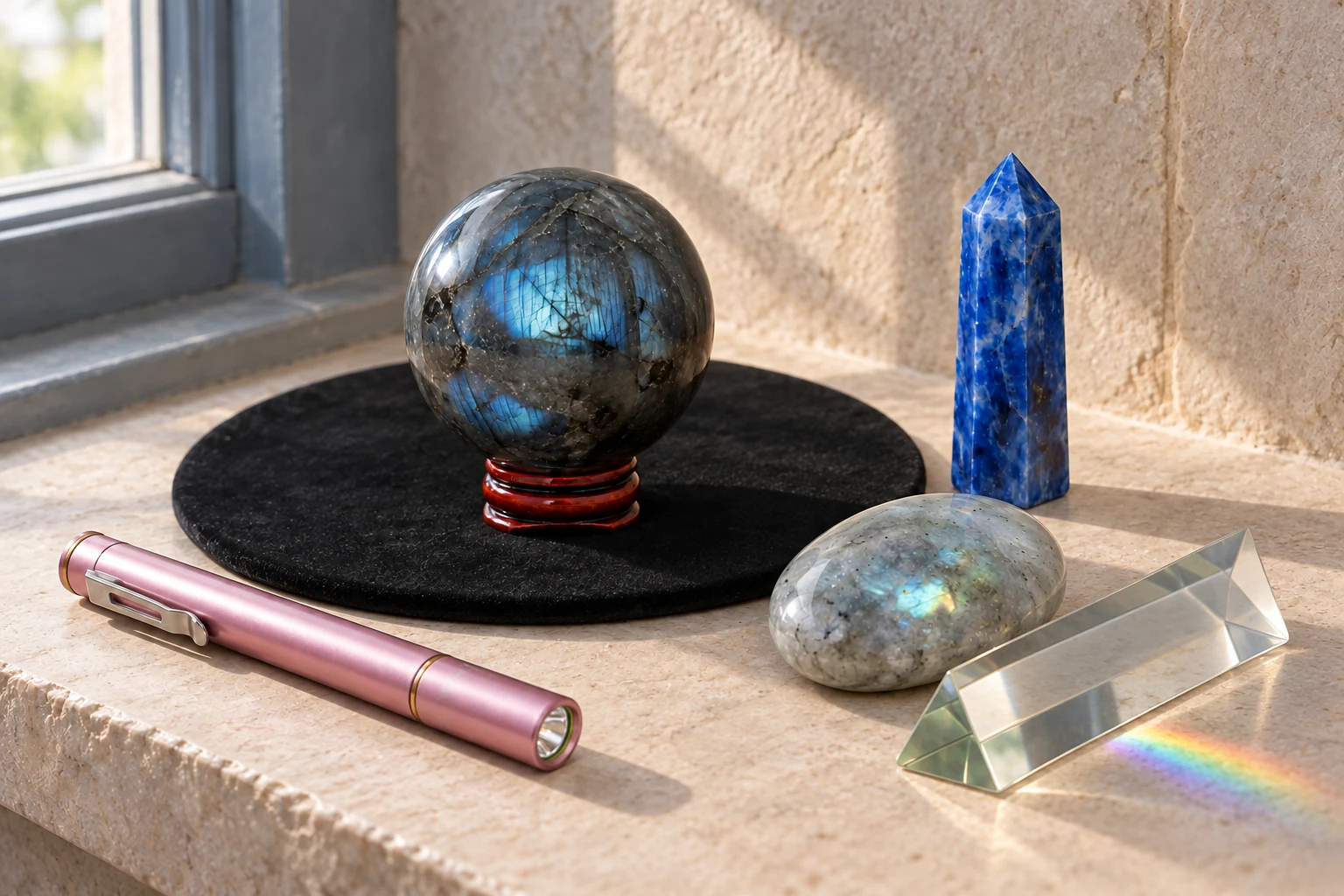 A labradorite sphere on its wooden stand, gray moonstone palm and blue sodalite tower with an optical prism, rose penlight and round black velour pad on a sunlit stone window ledge.