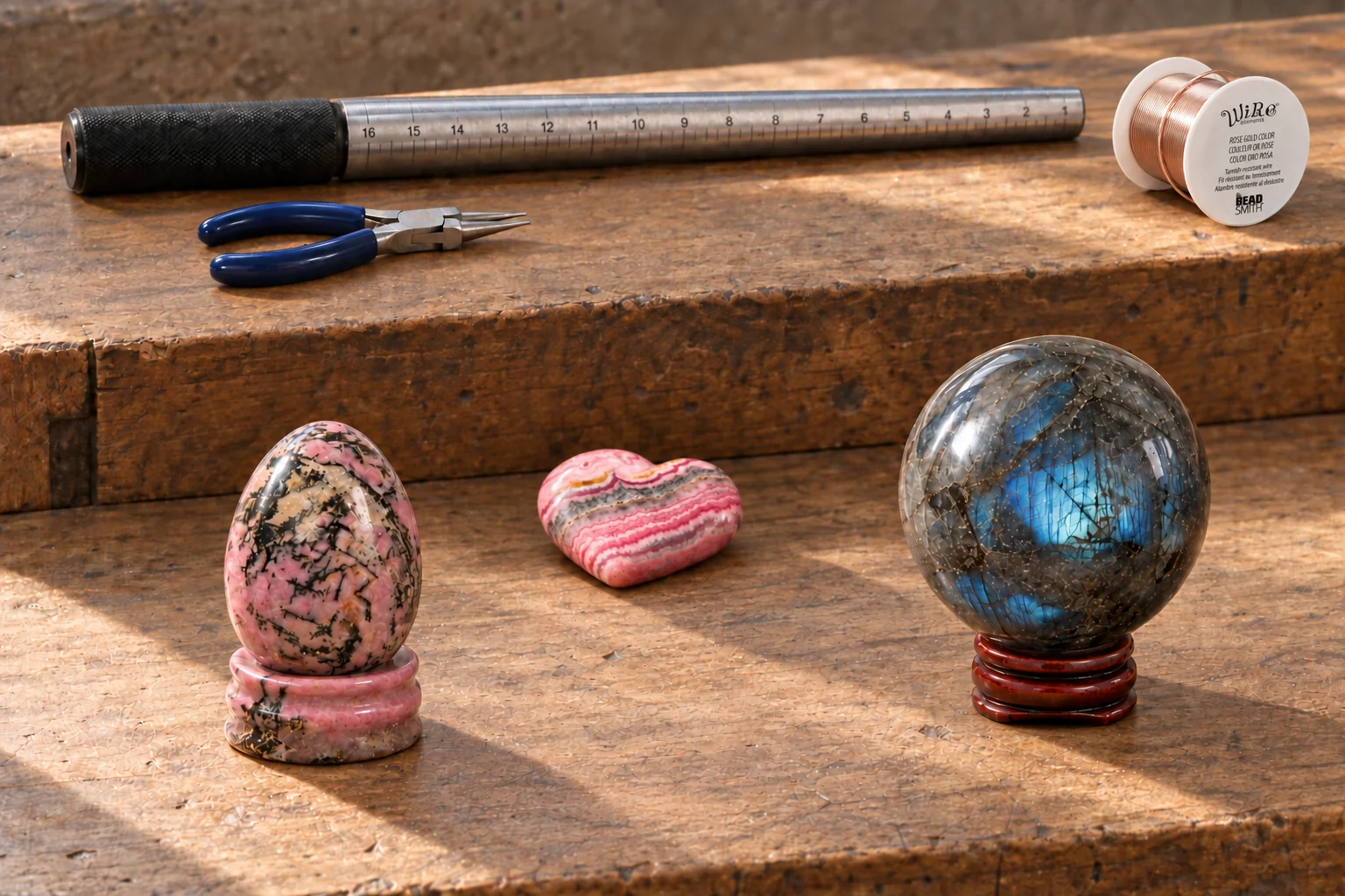 A rhodonite egg, banded rhodochrosite heart and labradorite sphere on a two-level jeweler’s workbench with round-nose pliers, copper-wire spool and steel mandrel.