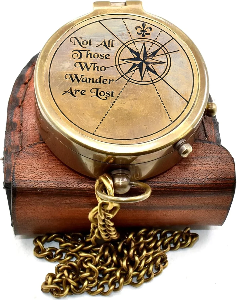Art Antique Engraved Brass Pocket Compass — original seller photograph