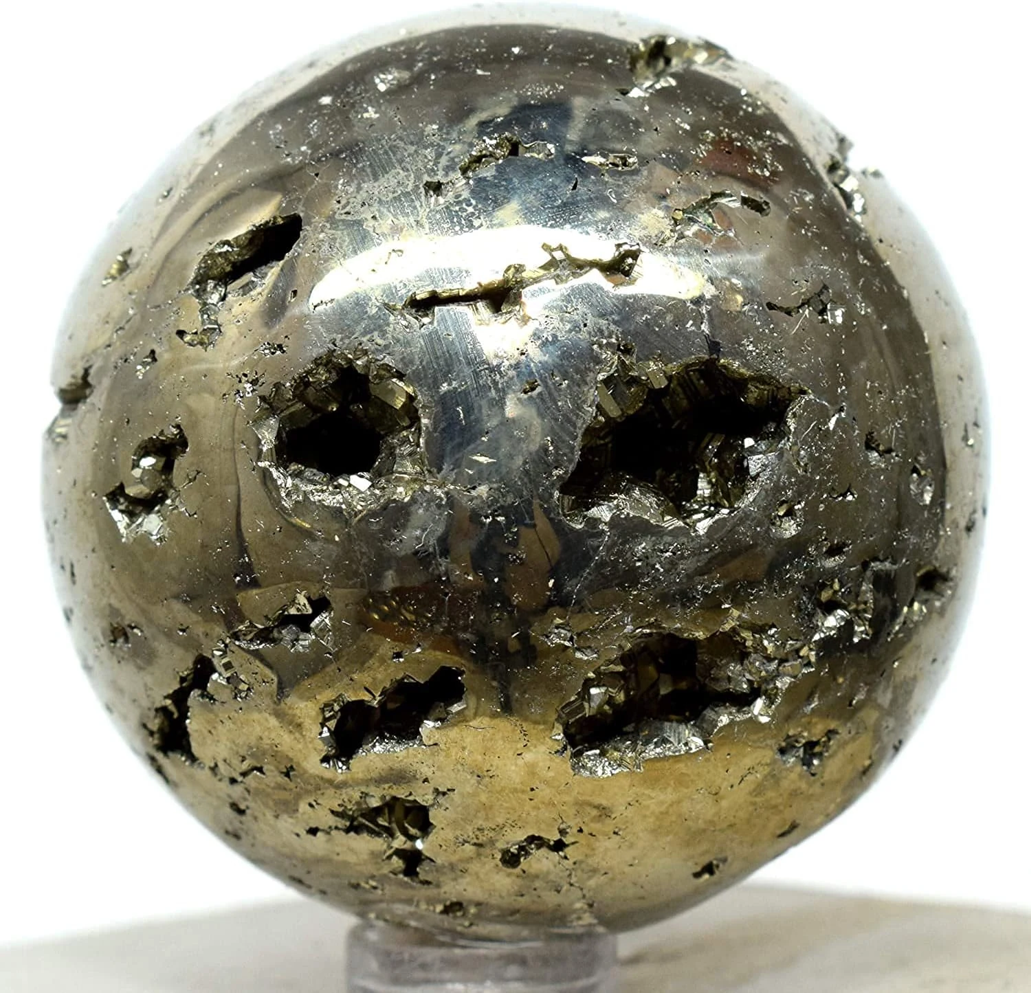 HQRP HQRP 46mm Golden Iron Pyrite Sphere Polished Natural Sparkling Gemstone Cubes Druzy Crystal Mineral Geode Cluster Ball - Peru + Stand (1PC) — original seller photograph