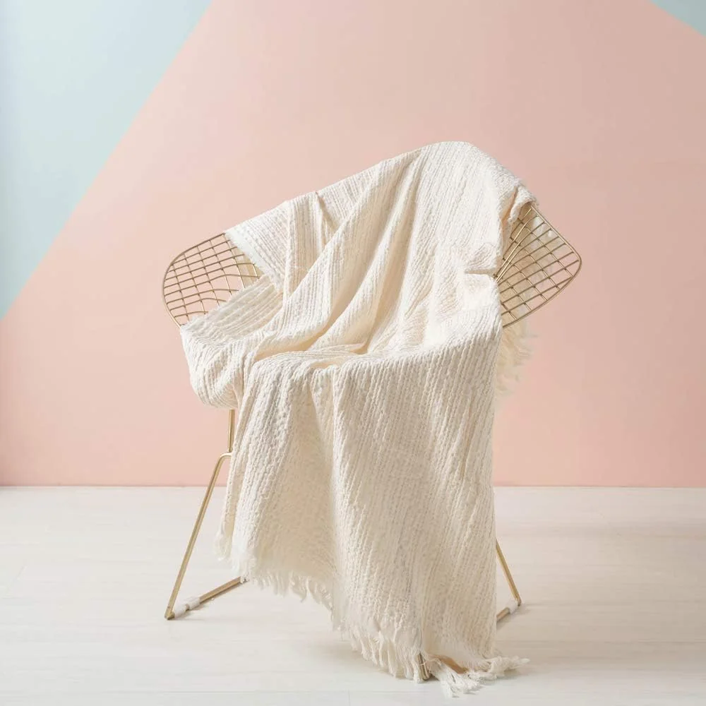 Simple&Opulence Ivory Fringed Cotton Throw — original seller photograph